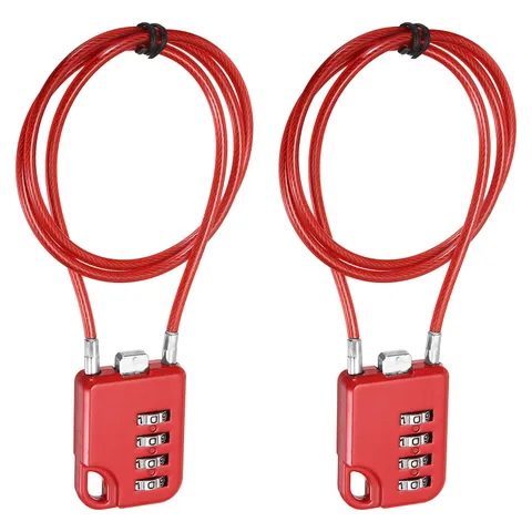 4-Digit Combination Padlock with Coated Steel Wire Rope (23.6 Inch, Red) (2Pcs)
