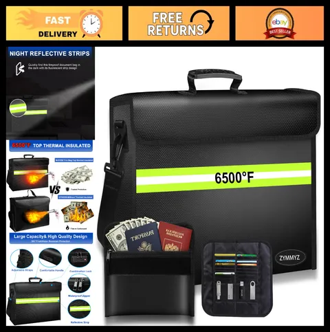 Fireproof Document Bag 6500°F with Lock & Removable Folder, Waterproof, Portable