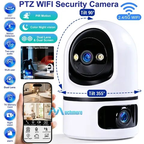 2K 6MP Dual Lens 5G WiFi PTZ Security Camera AI Auto Track IR+Color Night Vision