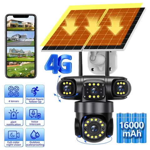 4 Lens 16MP Solar Battery Home Security Camera Outdoor Wifi Wireless PTZ CCTV US