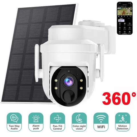 Wireless Solar Camera WiFi Battery Powered Security Camera 360° Pan/Tilt Audio