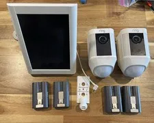 2 Ring Spotlight Cams White Outdoor with 4 Batteries 1 Solar Panel No Brackets.