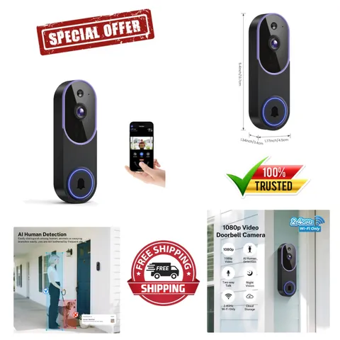 1080P Wireless Wi-Fi Doorbell Camera for Home Safety, Night Vision, 2-Way Audio,