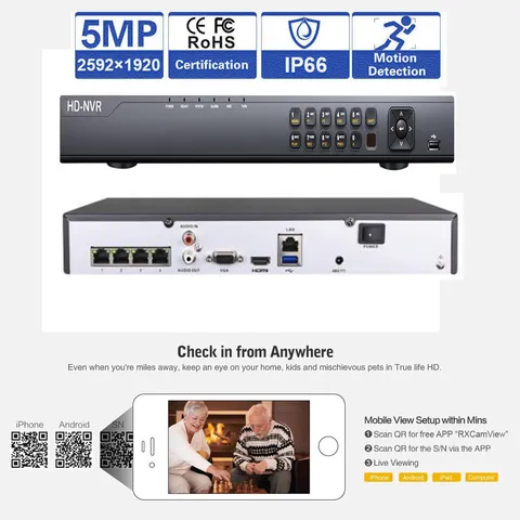 HD 4CH H.265 NVR Sony CMOS CCD 5MP PoE 48IR IP IP66 ONVIF Security Camera S1