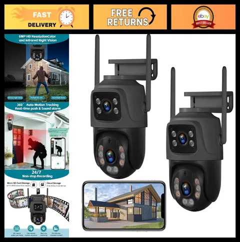 6MP Dual Lens Outdoor Security Cameras, 360° WiFi Surveillance System, IP67, Mot