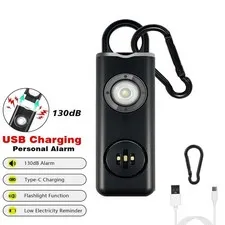 1Pc Personal Safety Alarm Keychain- 130dB with LED Light Rechargeable -Black