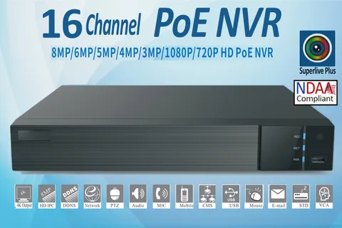 SuperLive Plus 8MP 4K 16CH PoE NVR for IP PoE Cameras NDAA Compliant, HDD Option