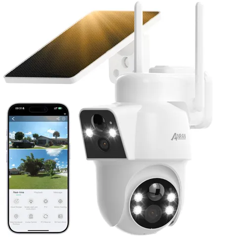 Dual-Lens Solar Security Camera, 3MP Wireless Outdoor Camera for Home Securit...
