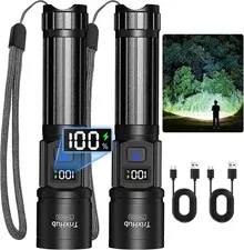 TrixHub Rechargeable LED Flashlights 2 Pack High Lumens Zoomable LCD Display