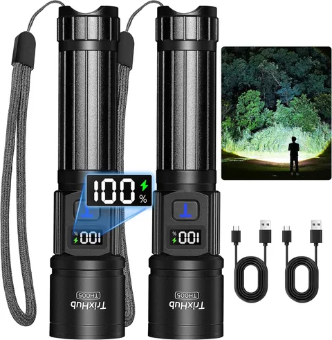 TrixHub Rechargeable LED Flashlights 2 Pack High Lumens Zoomable LCD Display
