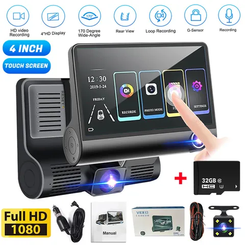 4" 1080P 32G Car Dual Lens Dash Front/Rear/Inside Video Recorder Camera G-sensor