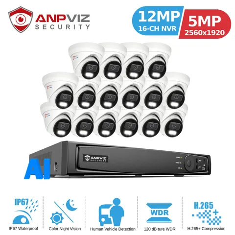 Anpviz 12MP 16CH NVR POE 3K 5MP Audio IP Security Camera System AI Color Night
