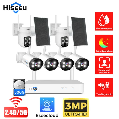Hiseeu CCTV Security Camera System,6PCS 3MP Bullet & Solar Cameras,10CH NVR,HDD