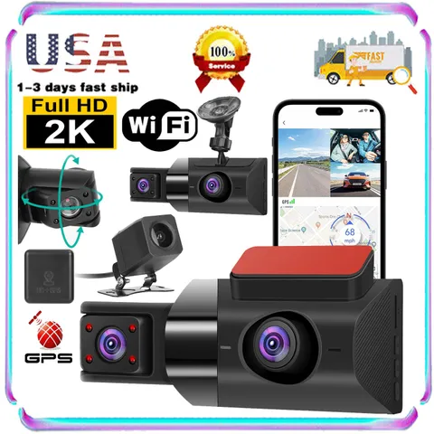 2K High Definition Car DVR Dash Cam 3 Channel Camera Recorder w/ 140° Views