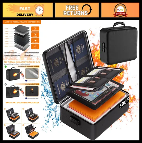 Fireproof Document Organizer with Lock - Heat Insulated & Water-Resistant 8 Laye