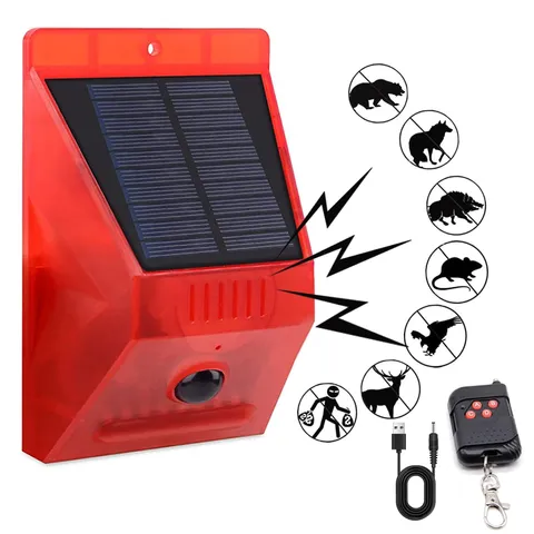 Solar Alarm Strobe Light with Remote Control Motion Sensor Detector Outdoor A...