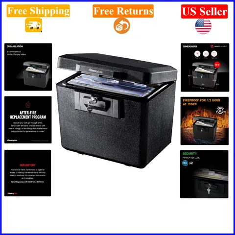 Black Fireproof Document Safe with Key Lock, 0.61 Cu Ft, 13.6 x 15.3 x 12.1 i...