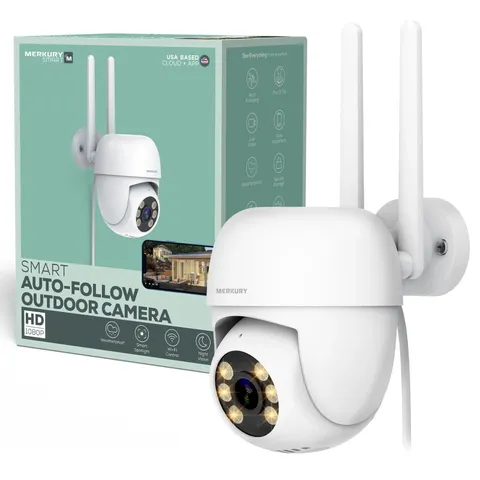 Merkury Smart MI-CW059-199W Outdoor Auto-Follow Camera, Wi-Fi PTZ Cam, 1080p HD