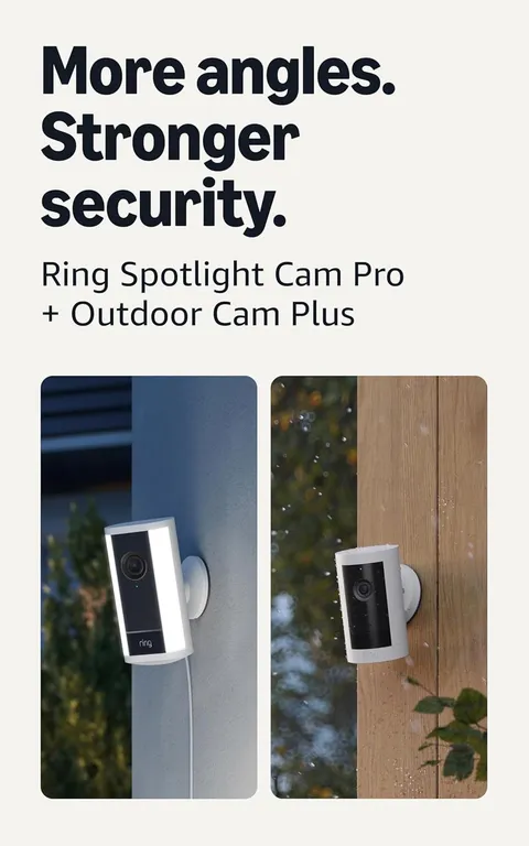 Ring Spotlight Cam Pro, Plug-In (Newest Model), White with Outdoor Cam Plus, Bat