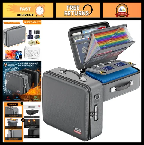 Fireproof Document Box with Lock, Hard Case & Accordion File Organizer - Secure
