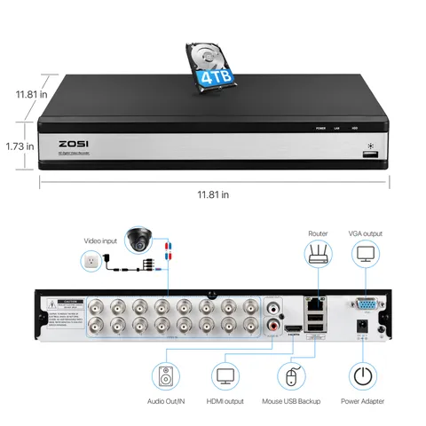 ZOSI 16 Channel H.265+ 1080p DVR Hard Drive 4TB for Security Camera System Home