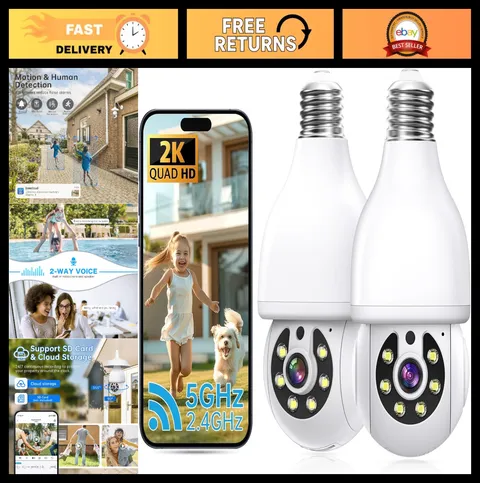 2K Wireless Security Camera Bulb 360° Indoor Outdoor, Motion Detection, Night Vi