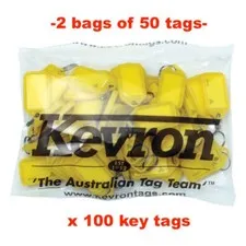 KEVRON KID-5 2 Bags Of 50 YELLOW Plastic Click Key Tags 100 -FREE POST-ID5