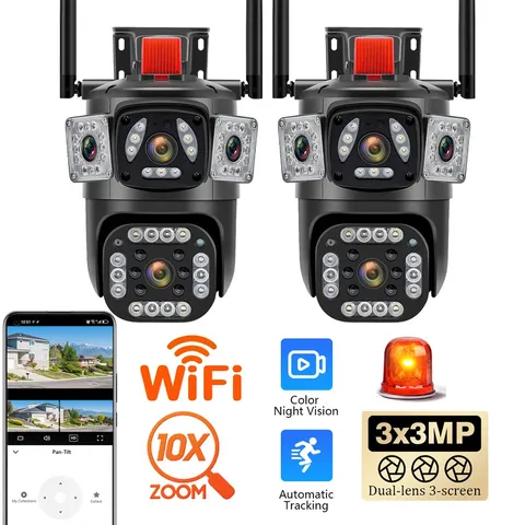 4K 9MP IP WiFi 360° 10X Zoom 3 Lens 3 Screens Security Camera System Outdoor USA