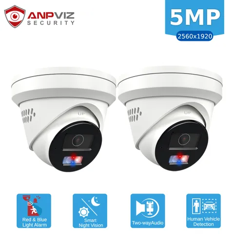 2PCS Anpviz 5MP PoE IP Camera Red & Blue Light and Audio Alarm Color Night Visio