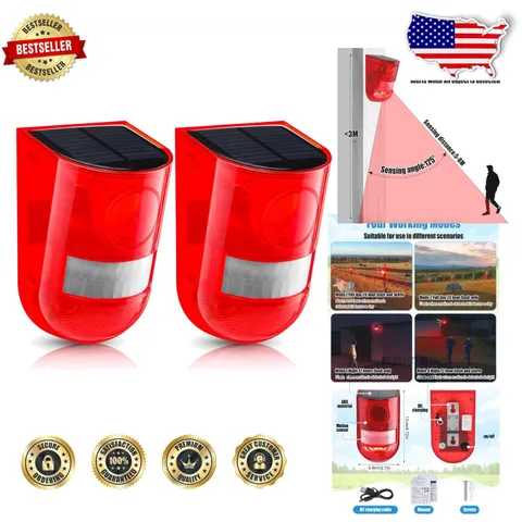 Outdoor Solar Siren Alarm 2 Pack 129dB Motion Activated Flashing Light Security