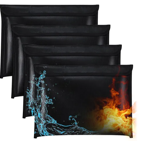 4 Pack Fireproof Waterproof Document Bag with Zipper, 13.38" x 9.44", Black
