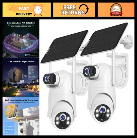 Wireless Dual Lens Solar Security Camera - 2.5K HD, 360° PTZ, PIR Motion, Night