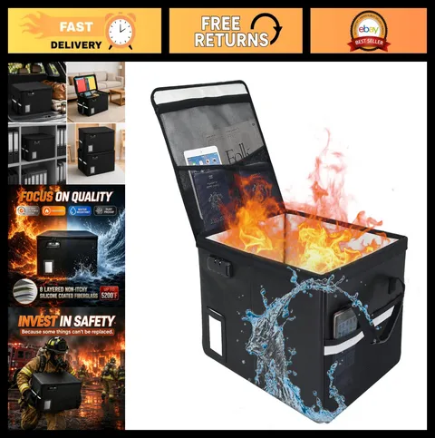Fireproof File Box with Lock, Large Heat Insulated Storage Organizer, Collapsibl