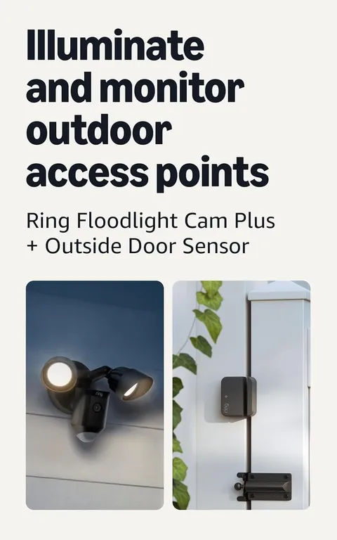 Ring Floodlight Cam Plus, Wired, Black with Outside Door Sensor, Black (newest m
