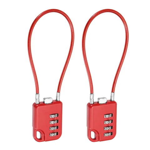 4-Digit Combination Padlock with Coated Steel Wire Rope (7.9 Inch, Red) (2Pcs)