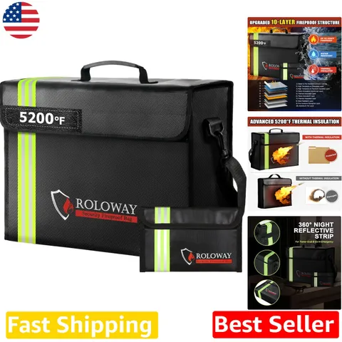 Fireproof Document Bag 5200°F Heat Insulated, Reflective Strip, Lockable Zipper