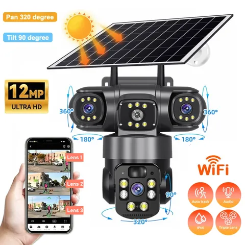 3 Lens 12MP Solar Battery Home Security Camera Outdoor Wifi Wireless PTZ CCTV US