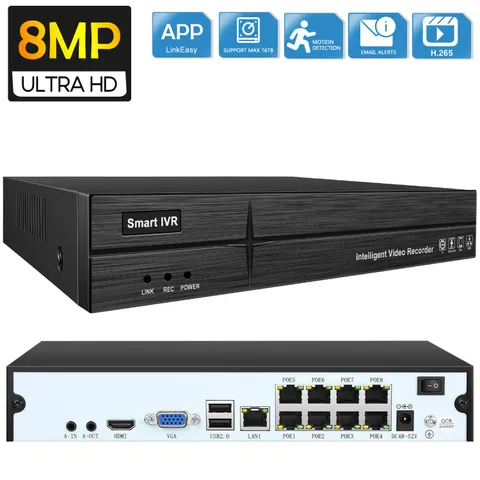 16CH 8 Port 4K NVR 8MP PoE Network Video Recorder for Security System( No HDD）