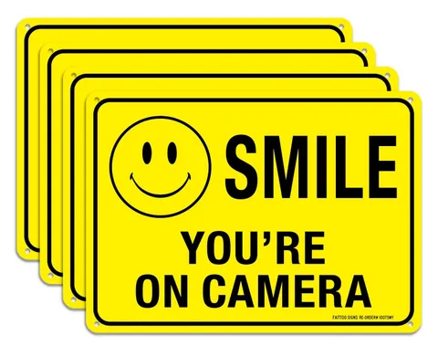 (4 Pack) Faittoo Smile You're On Camera Sign, 10x7 Reflective Rust Free .40 A...
