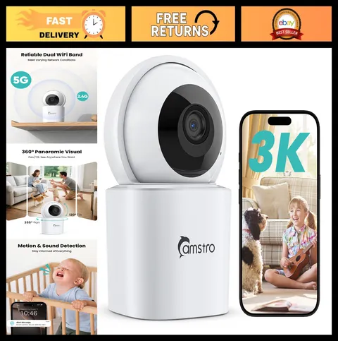 3K Indoor Security Camera 360° PTZ Home Monitor, Auto Tracking, Night Vision, 2-