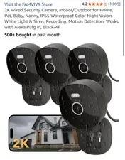 FAMVIVA 2K Wired Security Camera 4-Pack Color Night Vision IP65 Motion Black