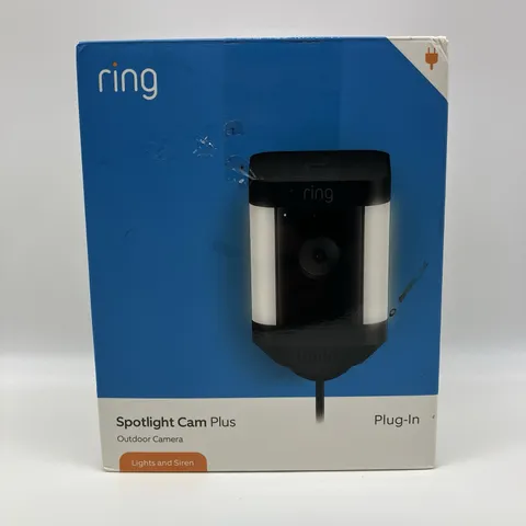 Ring Spotlight Cam Plus Plug-In Outdoor Camera New Open Box Lights Siren HD - N2