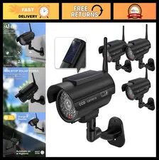 Solar Powered Fake Security Cameras with Red Light & Antenna - 4 Pack, Black