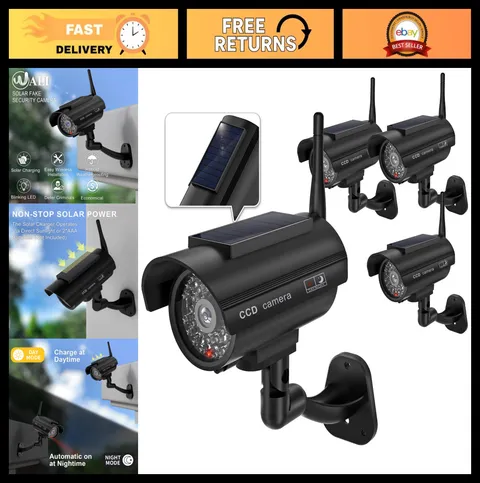 Solar Powered Fake Security Cameras with Red Light & Antenna - 4 Pack, Black