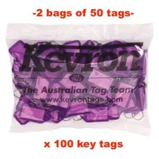 KEVRON KID-5 2 Bags Of 50 LILAC Plastic Click Key Ring Tags 100 TAGS -FREE POST