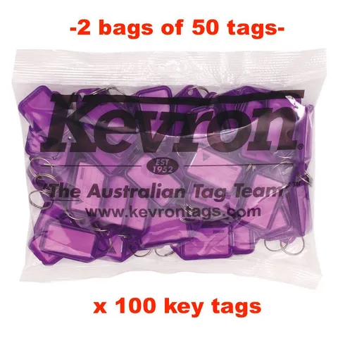 KEVRON KID-5 2 Bags Of 50 LILAC Plastic Click Key Ring Tags 100 TAGS -FREE POST