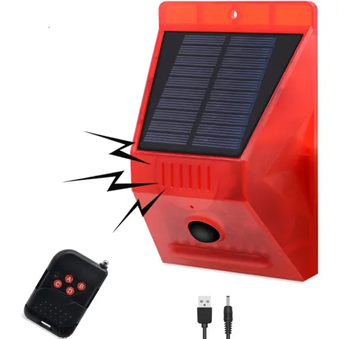 Solar Motion Sensor Alarm 129db Loud Siren Strobe Light Remote