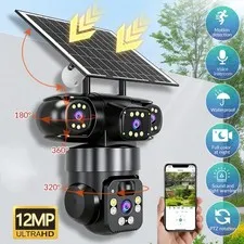 Camara Seguridad Solar WiFi Exterior 3 Lentes PTZ Vision Nocturna Deteccion PIR