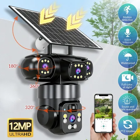 Camara Seguridad Solar WiFi Exterior 3 Lentes PTZ Vision Nocturna Deteccion PIR