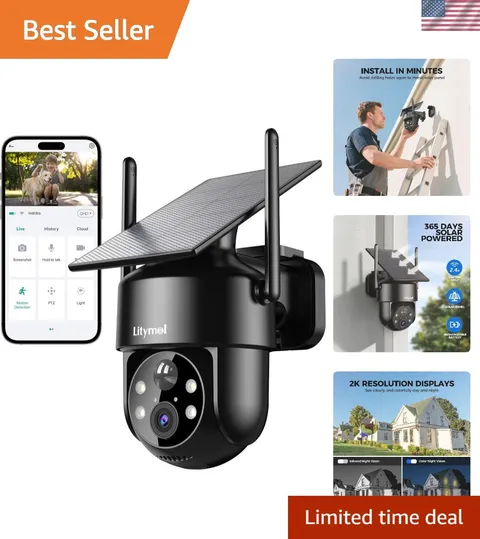 2K Solar WiFi Security Camera - 360° Outdoor Monitoring with Color Night Vision
